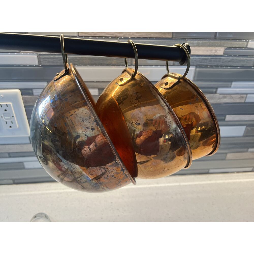 Lot of 3 Vintage ODI Solid Copper Brass Handle Nesting Mixing Bowl Set